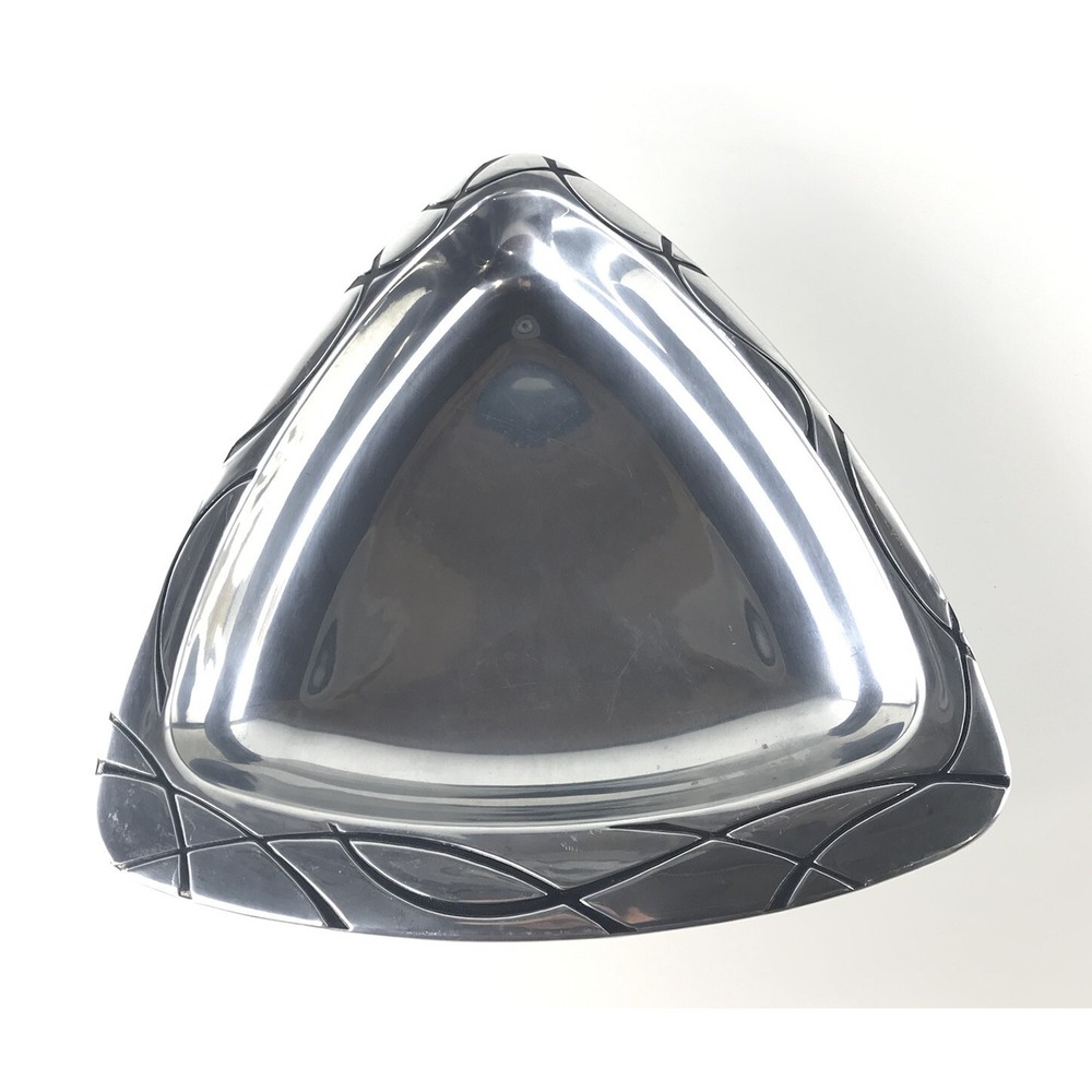 Lenox Metal Triangular Serving Bowl Silver Tone Etched Rim Centerpiece Dish 15in